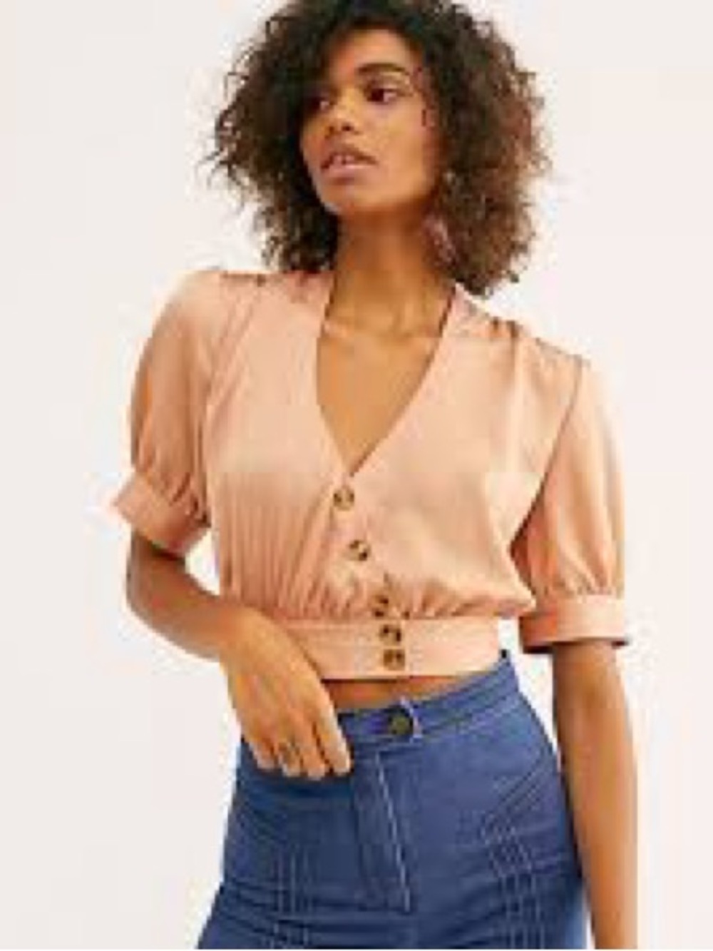 Free People Blush Peach Satin Button-Down V-Neck Crop Top 3756